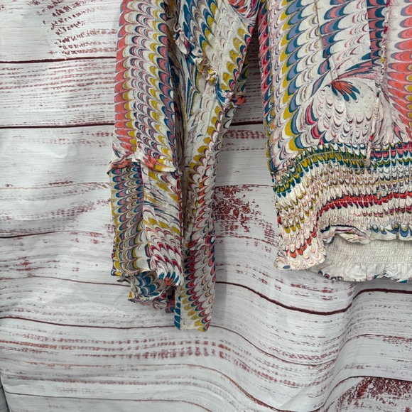 Maeve Anthropologie Shirt Womens Medium Smocked Cropped Blouse Bell Sleeve Swirl - Picture 6 of 13